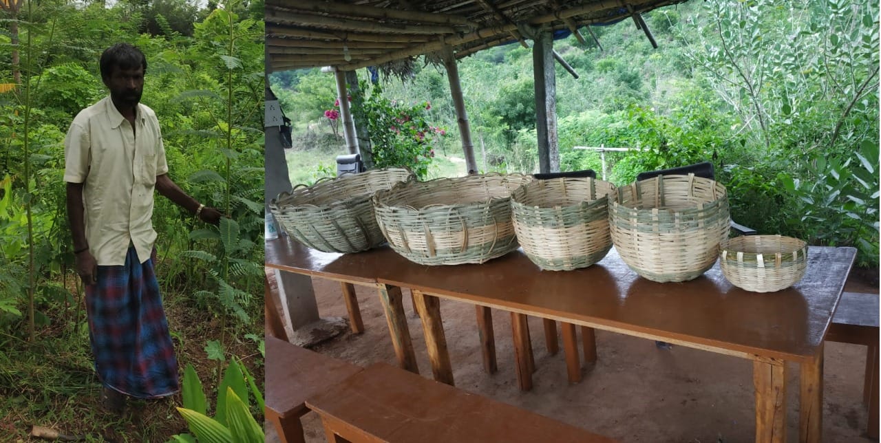 Split image: a craftsman standing in a field, and a row of handwoven bamboo baskets of different sizes on a table at TVC.