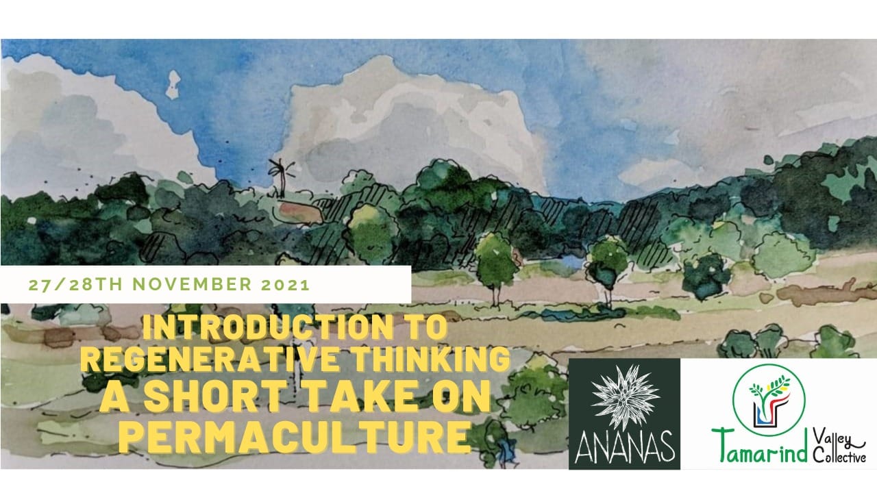 Event poster for Introduction to Regenerative Thinking, with a watercolor illustration of the Melagiri hills.