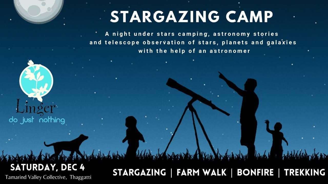 Stargazing Camp event poster with a silhouette illustration of a family and telescope under a starry night sky.