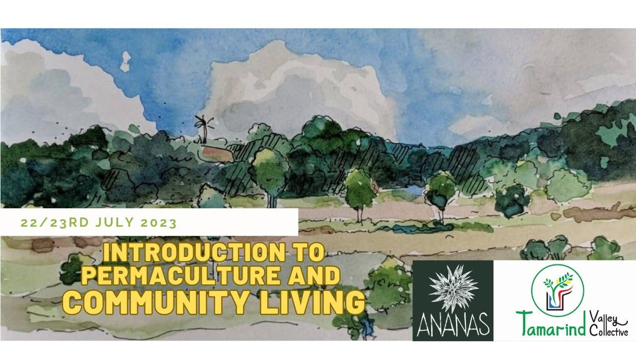Event poster for Introduction to Permaculture and Community Living, with a watercolor illustration of the Melagiri hills.