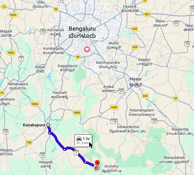 Map of the driving route from Kanakapura to TVC