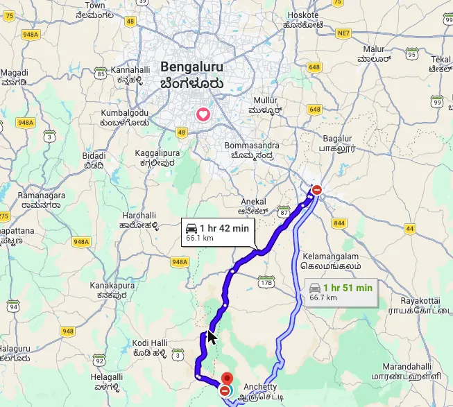 Map of the driving route from Hosur to TVC via Thally