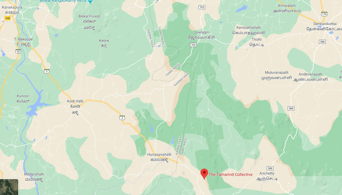 Map showing TVC's location on the Tamil Nadu–Karnataka border