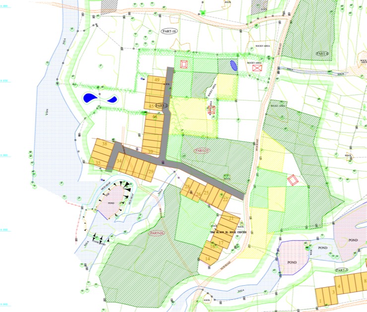 Kaveri zone plan from the Final Design Document, showing numbered plots, ponds, and rocky areas in color