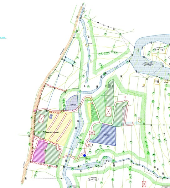 Upper Arkavathy zone plan from the Final Design Document, showing plots, ponds, and planting areas in color